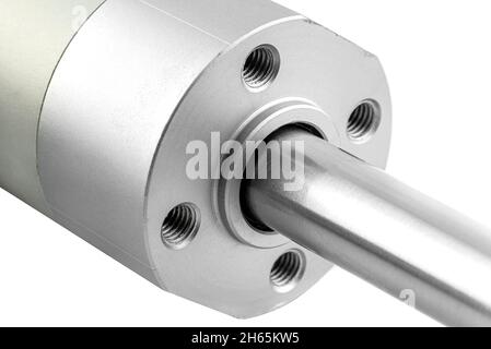 Photo macro d'un joint en caoutchouc de piston d'un vérin pneumatique sans filetage à l'extrémité, isolé sur fond blanc. Banque D'Images