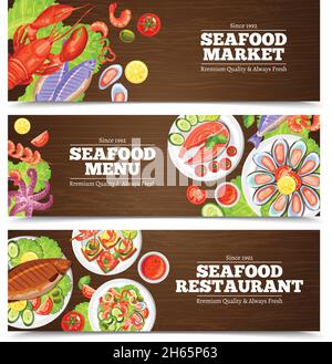 Bannières horizontales de couleur avec titre pour le menu du marché des fruits de mer ou illustration vectorielle de restaurant Illustration de Vecteur