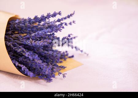 Fleurs de lavande sur fond clair avec espace de copie.Bouquet de fleurs violettes avec espace pour le texte. Banque D'Images