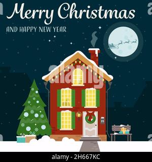 Une belle maison décorée pour les vacances avec un arbre de Noël, un banc et des cadeaux.Carte de vœux.Illustration vectorielle de style plat. Illustration de Vecteur