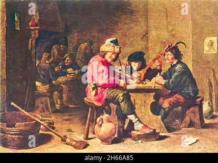 David Teniers l'œuvre plus jeune intitulée trois paysans faisant de la musique Banque D'Images