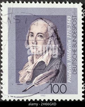 ALLEMAGNE - VERS 1993 : timbre-poste d'Allemagne, montrant un portrait du poète et poète lyrique Friedrich Hölderlin (1770-1843) sur la 150e ruche Banque D'Images