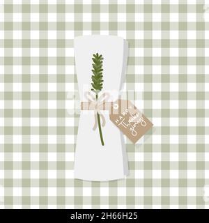 Serviette pliée avec brindille, petit noeud et étiquette en papier marron.Table mise en place pour le jour de Thanksgiving.Motif d'arrière-plan de nappe à carreaux verts.Illustration vectorielle Illustration de Vecteur