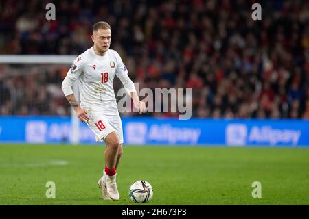 Cardiff, pays de Galles, Royaume-Uni.13 novembre 2021.Pavel Sedko du Bélarus lors du match de qualification de la coupe du monde 2022 entre le pays de Galles et la Biélorussie au stade de Cardiff City.Crédit : Mark Hawkins/Alay Live News Banque D'Images