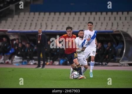 Athènes, Attiki, Grèce.11 novembre 2021.L'Espagne a remporté la Grèce 1-0 à Athènes pour la partie qualifiante du groupe B de la coupe du monde de la FIFA.La Grèce finira troisième table.L'Espagne et la Suède auront la première place du groupe dans le prochain match dimanche.(Credit image: © Dimitrios Karvountzis/Pacific Press via ZUMA Press Wire) Banque D'Images