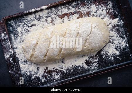 Pain français non cuit baguette sur un poêle: Pâte à pain crue saupoudrée de farine Banque D'Images