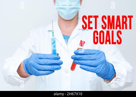Légende conceptuelle définir des objectifs intelligents.Liste d'idées d'affaires pour clarifier vos idées concentrer les efforts utiliser le temps sagement tester le nouveau vaccin pour le virus Banque D'Images