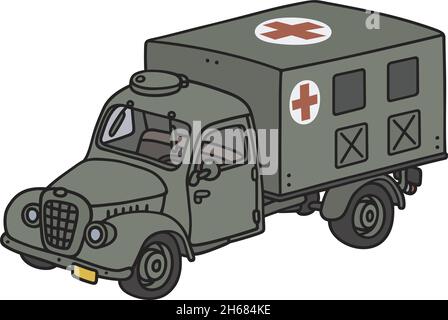 Le dessin à la main vectorisé d'une ambulance militaire rétro Illustration de Vecteur