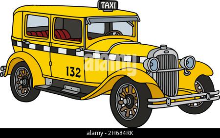 Le dessin à la main vectorisé d'un taxi jaune vintage Illustration de Vecteur