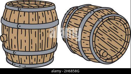 Le dessin à la main vectorisé de deux vieux barils en bois Illustration de Vecteur
