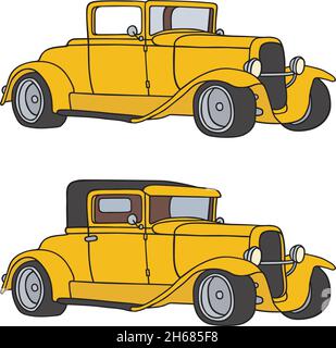 Le dessin à la main vectorisé de deux drôles de voitures jaunes vintage Illustration de Vecteur