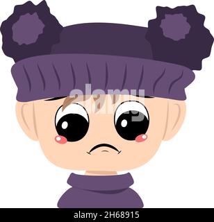 Enfant avec des émotions tristes, visage déprimé, les yeux en bas dans chapeau violet avec pompon.Tête de tout-petit avec expression mélancolique Illustration de Vecteur