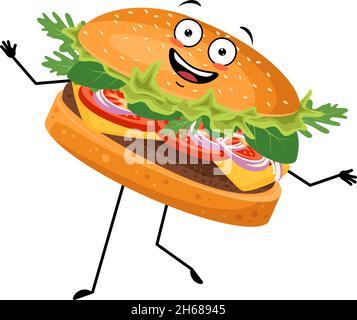 Hamburger de caractère mignon avec des émotions, le visage, le sourire, les yeux, les bras et les jambes heureux.Joyeux fast food, sandwich avec une expression joyeuse.Illustration vectorielle plate des produits et des repas à base de viande Illustration de Vecteur