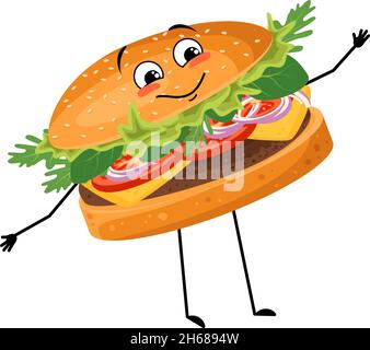 Hamburger de caractère mignon avec des émotions, le visage, le sourire, les yeux, les bras et les jambes heureux.Joyeux fast food, sandwich avec une expression joyeuse.Illustration vectorielle plate des produits et des repas à base de viande Illustration de Vecteur