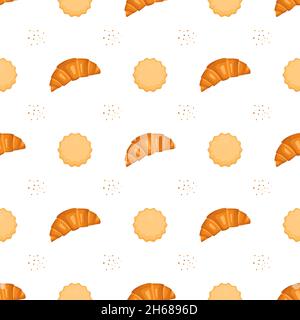 Motif sans couture avec croissants et petits gâteaux au lait.Joli imprimé avec des produits de boulangerie pour les menus de café et de restaurant, les textiles, le papier et les dessins.Illustration vectorielle plate Illustration de Vecteur