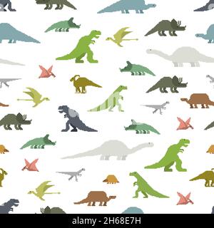 Motif sans couture de l'art des pixels dinosaures.Texture Dino 8 bits. Fond de lézard monstre préhistorique pixellisé.Style de dessin animé animal ancien.Caillot pour enfants Illustration de Vecteur