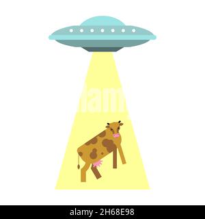 Un OVNI vole une vache isolée.Soucoupe et vaches extraterrestres volants.Concept de civilisations et d'expériences extraterrestres sur une autre planète Illustration de Vecteur