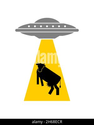 Un OVNI vole un symbole de vache.Soucoupe et vaches extraterrestres volants.Concept de civilisations et d'expériences extraterrestres sur une autre planète Illustration de Vecteur