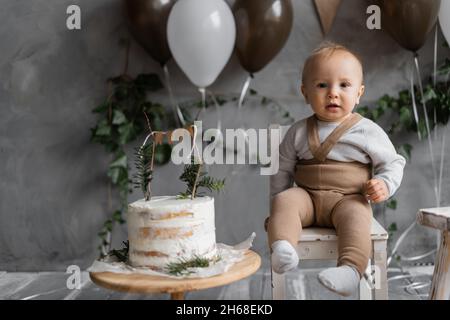 Premier anniversaire de garçon, fond festif avec ballons et un délicieux gâteau, style rustique naturel, bébé d'un an.Joyeux anniversaire. Banque D'Images