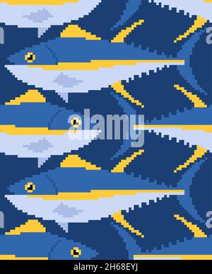 Motif de thonidés sans couture. Fond de poisson de mer pixélisé.texture vectorielle 8 bits Illustration de Vecteur