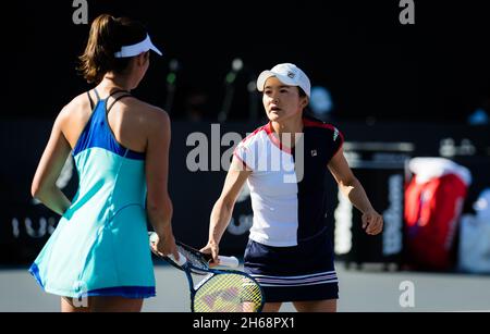 ENA Shibahara et Shuko Aoyama du Japon en action lors du deuxième match de robin lors des finales Akron WTA 2021 Guadalajara, Masters WTA tennis Tournament le 12 novembre 2021 à Guadalajara, Mexique - photo: Rob Prange/DPPI/LiveMedia Banque D'Images