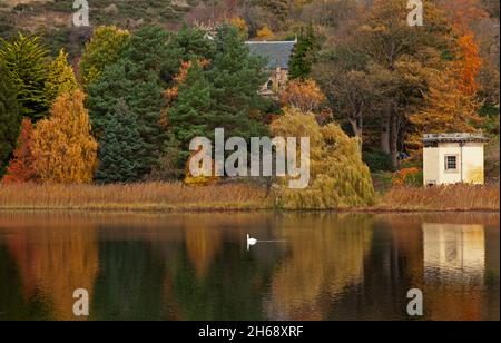 Duddingston Loch Edinburgh, Écosse, Royaume-Uni.14 novembre 2021.Nuageux avec réflexions à 7 degrés sur le loch.Avec Duddingston Kirk niché au milieu du sol et Arthur's Seat derrière, sur la droite se trouve Thomson's Tower qui est un bâtiment octogonal unique situé sur la rive du Loch Duddingston conçu par William Henry Playfair (1789-1857),Le célèbre architecte d'Édimbourg et construit par la Duddingston Curling Society dont les membres ont d'abord rédigé les règles du curling, ce qui a conduit à la normalisation du jeu dans tout le pays.Crédit : Arch White/Alamy Live News Banque D'Images