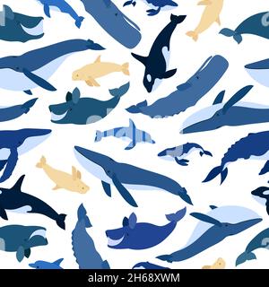 Motif de baleines sans couture.Béluga, orque, baleine à bosse, cachalot, baleine bleue,dauphin, baleine boréale, baleine noire du sud, chou des spermatozoïdes.Monde sous-marin, Marine.Illustration vectorielle d'une baleine. Illustration de Vecteur