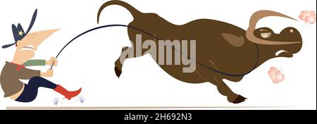 Bull s'éloigne de l'illustration du pilote. Drôle de famille ou de cowboy tente d'arrêter un taureau avec le lasso isolé sur fond blanc Illustration de Vecteur