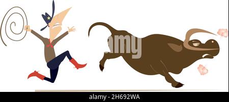 Bull s'éloigne de l'illustration du pilote. Drôle de famille ou de cowboy tente de lasso le taureau isolé sur fond blanc Illustration de Vecteur