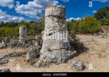 Colonnes en pierre dans les formations rocheuses de Pobiti Kamani appelées désert de pierre en Bulgarie Banque D'Images