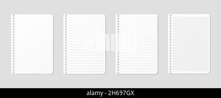 Feuilles réglées, quadrillées et en pointillés.Feuilles vierges de bloc-notes avec grille pour les devoirs et les exercices.Maquette d'illustration vectorielle créative. Illustration de Vecteur