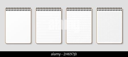 Bloc-notes réaliste.Draps à lignes, quadrillés et en pointillés.Feuilles vierges de bloc-notes avec grille pour les devoirs et les exercices.Spirale horizontale. Illustration de Vecteur