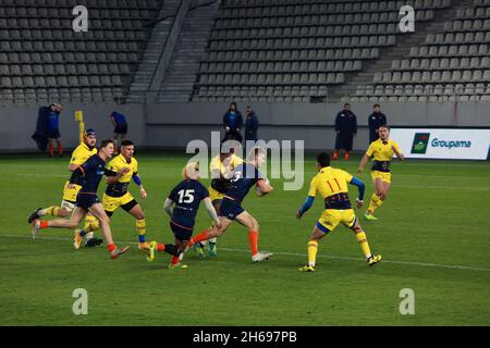 BUCAREST, ROUMANIE - 13 novembre 2021 : le match de rugby Roumanie contre pays-Bas fait partie du championnat de rugby Europe. Banque D'Images