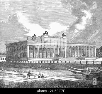 Illustration de la fin du XIXe siècle du musée Altes, un bâtiment classé sur l'île aux Musées, dans le centre historique de Berlin et faisant partie du patrimoine mondial de l'UNESCO.Construit de 1825 à 1830 selon les plans de Karl Friedrich Schinkel, il est considéré comme un travail majeur de l'architecture néoclassique allemande.Il a été construit par ordre du roi Frédéric Guillaume III de Prusse après la défaite de Napoléon en 1815, quand de nombreux trésors de l'Allemagne ont été récupérés de la France. Banque D'Images