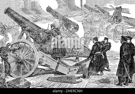 Illustration de la fin du XIXe siècle d'une batterie prussienne pendant le siège de Paris en 1870, lorsque les Allemands ont tiré quelque 12,000 obus, 300 à 400 grenades chaque jour dans la ville.Le siège de Paris pendant la guerre franco-prussienne ou la guerre franco-allemande a eu lieu du 19 septembre 1870 au 28 janvier 1871 et s'est achevé par la capture de la ville par les forces prussiennes, culminant par la défaite de la France dans la guerre franco-prussienne et l'établissement des deux Empire allemand. Banque D'Images