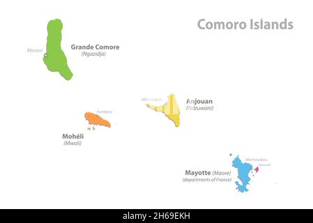 Carte des îles Comoro, division administrative, régions individuelles séparées avec noms, carte couleur isolée sur fond blanc vectoriel Illustration de Vecteur