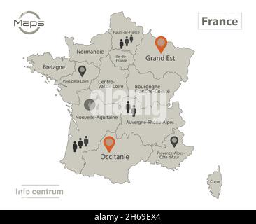 Carte de France, régions individuelles avec noms, Infographie et vecteur d'icônes Illustration de Vecteur
