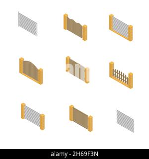 Ensemble de travées clôtures de divers matériaux.Bois, acier et briques .Isolé sur fond blanc.Éléments de bâtiments et de conception de paysage.Isomet 3D Illustration de Vecteur