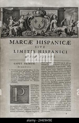 Marca Hispanica limitis hispanici.Premier livre.'marca Hispanica sive limes hispanicus'.Livre écrit en latin par Pierre de Marca (1594-1662).En 1656, il a été mandaté pour formaliser le traité frontalier entre les royaumes de France et d'Espagne, une tâche qui a été reflétée dans cette collection de cinq livres, rendant le peuple français au courant de la province de Catalogne annexée en 1641.Etienne Baluze agrandi et édité.Publié à Paris par François Muguet en 1688.Bibliothèque militaire historique de Barcelone.Catalogne, Espagne. Banque D'Images