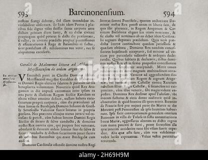 Barcinonensium.'marca Hispanica sive limes hispanicus'.Livre écrit en latin par Pierre de Marca (1594-1662).En 1656, il a été mandaté pour formaliser le traité frontalier entre les royaumes de France et d'Espagne, une tâche qui a été reflétée dans cette collection de cinq livres, rendant le peuple français au courant de la province de Catalogne annexée en 1641.Etienne Baluze agrandi et édité.Publié à Paris par François Muguet en 1688.Bibliothèque militaire historique de Barcelone.Catalogne, Espagne. Banque D'Images