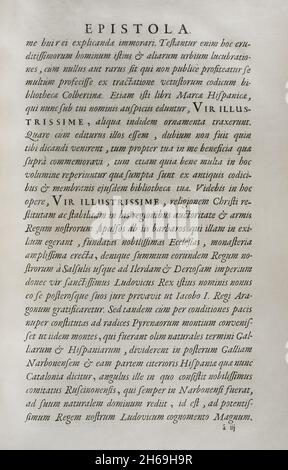 Episte.'marca Hispanica sive limes hispanicus'.Livre écrit en latin par Pierre de Marca (1594-1662).En 1656, il a été mandaté pour formaliser le traité frontalier entre les royaumes de France et d'Espagne, une tâche qui a été reflétée dans cette collection de cinq livres, rendant le peuple français au courant de la province de Catalogne annexée en 1641.Etienne Baluze agrandi et édité.Publié à Paris par François Muguet en 1688.Bibliothèque militaire historique de Barcelone.Catalogne, Espagne. Banque D'Images