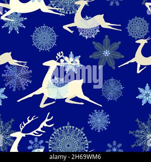 motif blanc renne de noël bleu flocons de neige Illustration de Vecteur