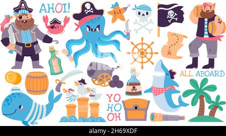 Cartoon pirate capitaine et marin, crâne, coffre au Trésor et carte.Île d'aventure, requin, pieuvre, drapeau et rhum.Ensemble de vecteurs pirates pour enfants Illustration de Vecteur