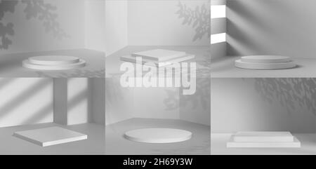 maquettes 3d de podium blanc avec lumière de fenêtre et laisse des ombres.Préparer les plates-formes pour la présentation des produits cosmétiques.Solde ensemble de modèles vectoriels sur pied Illustration de Vecteur