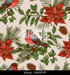 Motif de Noël vintage sans couture avec plantes à feuilles persistantes, oiseau bullfinch et fleurs de poinsettia rouges.Fond décoratif pour Noël et le nouvel an. Banque D'Images