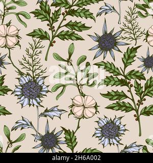 Motif de Noël vintage sans coutures avec fleurs de coton et houx à feuilles persistantes.Fond décoratif pour Noël et le nouvel an.Dessiné à la main Banque D'Images