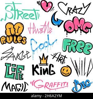 Mots et éléments Graffiti, art de rue avec gouttes de peinture en aérosol.Abstrait mur urbain scribbles sauvage, roi, libre et cool ensemble de vecteur Illustration de Vecteur