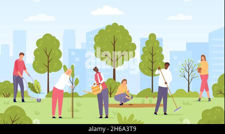 Des bénévoles de l'écologie plate plantent des arbres et des fleurs dans le parc de la ville.La communauté publique fait le jardinage de printemps.Les gens travaillent dans la scène de vecteur de jardin Illustration de Vecteur