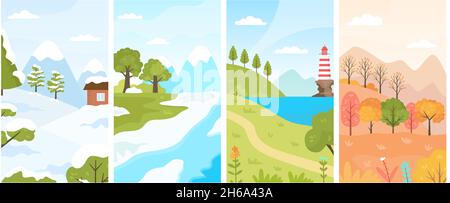 Paysages plats de quatre saisons, printemps, été, automne et hiver.Dessin animé nature saisonnière.Scènes de forêt avec arbres pour ensemble de vecteurs de calendrier Illustration de Vecteur