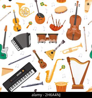 Motif sans couture avec instruments d'orchestre et notes.Cordes, percussion et instruments à vent.Fond vectoriel de musique de dessin animé Illustration de Vecteur